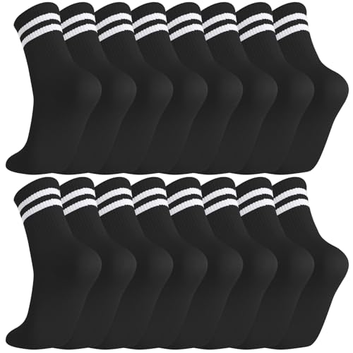 Jspupifip 8 Pairs Striped Crew Socks Cotton Athletic Sports Running Socks Soft Breathable Sports Gym Leisure Crop Sock for Men Women Teens black