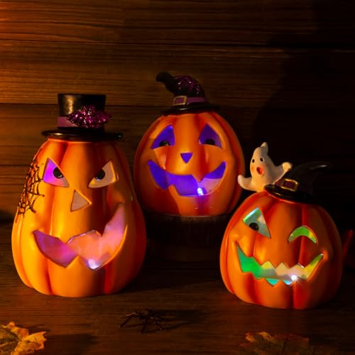QEQEKAKA Halloween Pumpkin Decorations - 3PCS Jack O Lantern for Halloween Party, Indoor Decorations, Birthday Gifts, Resin Lights