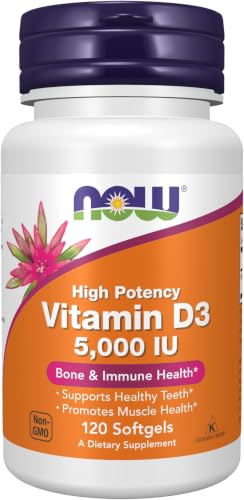 Image of NOW Foods Supplements, Vitamin D-3 5,000 IU, High Potency, Structural Support*, 120 Softgels (Pack of 12)