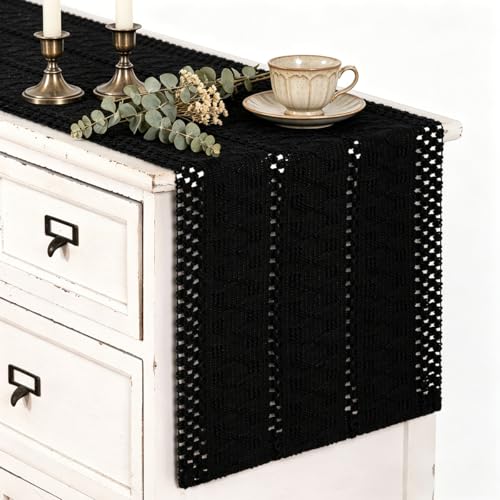 Image of MLMC Black Boho Table Runner Farmhouse Macrame Woven Table Runner 36 inch Long Rustic Centerpieces Table Decoration for Kitchen Dinning Wedding Events 12x36 Inch
