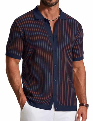 Image of COOFANDY Mens Knit Button Down Shirts Short Sleeve Polo Shirt Vintage Striped Casual Shirts