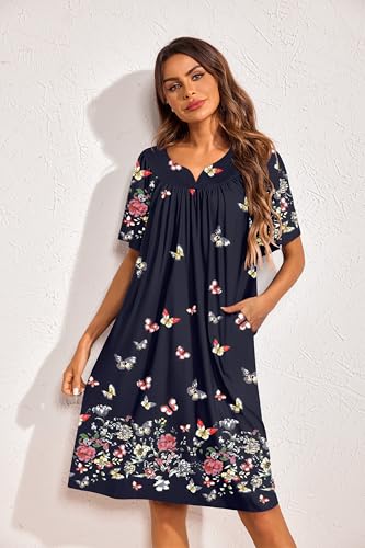 Image of Ekouaer 2 Pack House Dresses for Women with Pockets Short Sleeve Moo Moos Floral Print Mumu Dresses