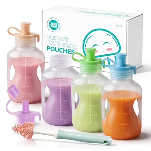 Image of Silicone Reusable Baby Food Pouches with Straws, 4 Pack Leakproof Refillable Squeeze Pouches, Dishwasher, Freezer, Microwave Safe, 5OZ Baby Food Storage for Homemade Puree, Yogurt
