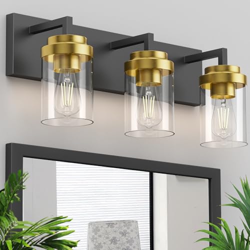Image of Bathroom Lighting Fixtures, 3-Light Bathroom Vanity Lights Over Mirror, Black and Gold Vanity Light with Glass Shade, Modern Vanity Lighting Fixtures for Bathroom, Bedroom, Hallway