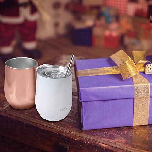 Thily Wine Tumbler Vacuum Insulated Stemless 12 Oz Triple-Insulated Stainless Steel Wine Glass With Lid And Straw, Keep Cold For Coffee, Cocktails, Rose Gold #TOP5