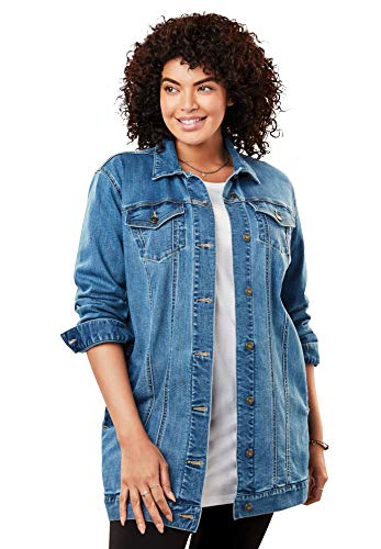 Woman Within Women's Plus Size Long Stretch Denim Jacket - 18 W, Light Stonewash Sanded