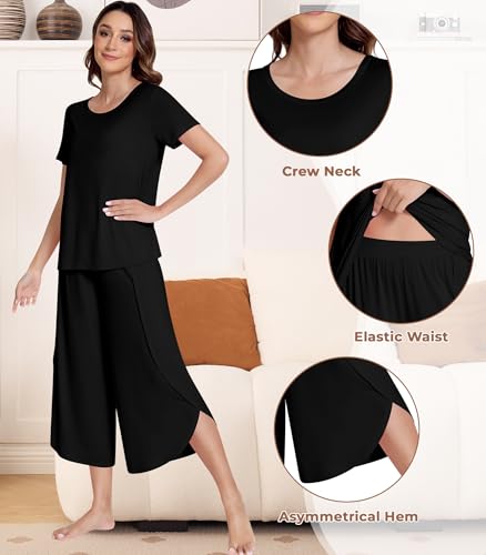 Image of NACHILA Pajamas Set for Women Short Sleeve Sleepwear with Capri Pants Cool Pjs Soft Loungewear,Viscose Made from Bamboo