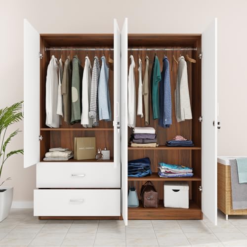 Image of VIKI Wardrobe | Wooden Almirah for 4 Door 2 Drawer with Shelves & 2 Hanging Space Mirror Wardrobe (Walnut | White - 40D x 160W x 180.8H) | 1 Year Warranty | Free Assembly