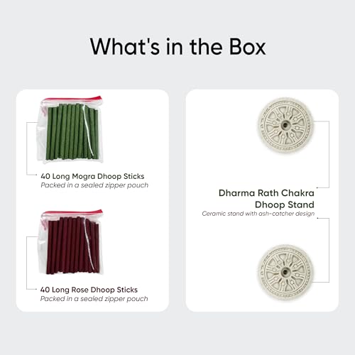 Image of Dhoop Sticks Pack of 2 (Rose and Mogra) I 80 Long Sticks I No Bamboo I No Charcoal I Puja Dhoop Sticks with Dharma Rath Chakra Dhoop Stand
