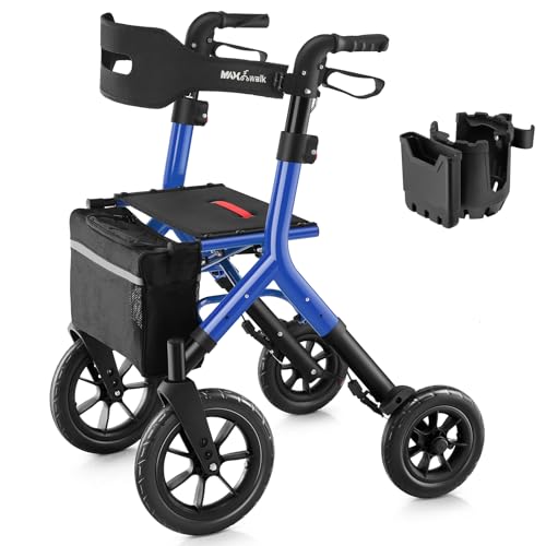 Image of MAXWALK Rollator Walker with Seat, Tall Walkers for Seniors, 12 inch Big Rubber Wheels All Terrain Rollator Walker with Backrest, Built-in Cable, Foldable and Dual Adjustable Height for 5.3-7ft, Blue