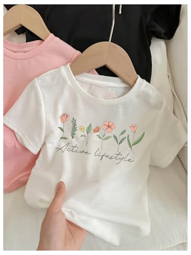 SweatyRocks Girl's 3 Pack T Shirts Floral Letter Graphic Tees Short Sleeve Crew Neck Summer Top3