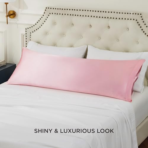 Image of Bedsure Body Pillow Cover 20x54 Inches - Pink Satin Similar to Silk Pillowcase for Hair and Skin, Cooling and Silky Long Body Pillow Pillowcase with Envelope Closure, Gifts for Women Men