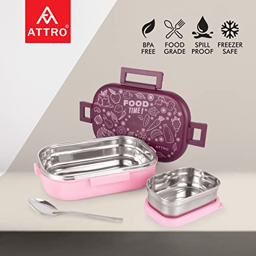 Image of Attro Food Time Stainless Steel Lunch Box, Airtight & Leak Proof - 2 Containers with Spoon (Big 750 Ml & Small 250 Ml) for Office Use, School, Picnic - Purple & Pink