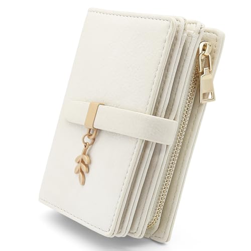 GOUNNU Geldbörse Damen Klein Portemonnaie Damen PU Leder Portmonee mit RFID Blockierung Kleines Geldbeutel und Reißverschluss Druckknopf und 17 Kartenfächer Portmonee (Beige)