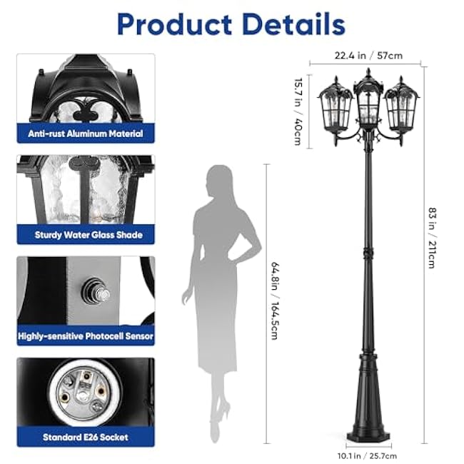 Dusk to Dawn Outdoor Post Lights, Black 3-Head Aluminum Street Lamp Posts Outdoor Lighting, Waterproof Hardwired Lamp Post Light Fixture with Water Glass Shades for Backyard (Bulb not Included)