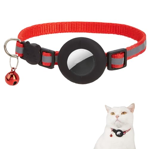 DELUXEFOX エアタグ 猫用首輪 Airtag紛失防止デバイス 犬 猫用 調節可能なペット用首輪 反射デザイン 軽量 紛失防止 洗濯可能 gpsペット 追跡装置 シリコンケース ペットの迷子を防止 ベル付き Airtag対応 (レッド)