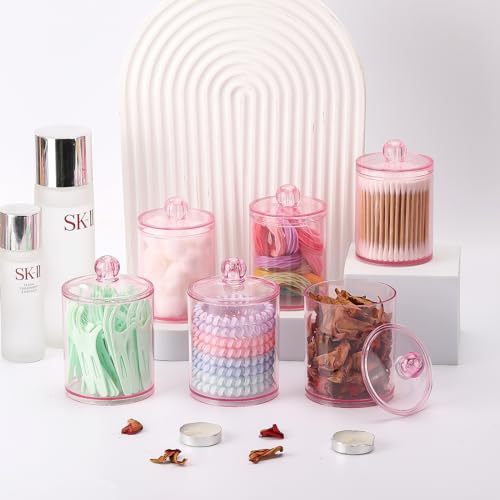 Image of Tbestmax 6 Pack Qtip Holder - 12 oz, 10 oz Bathroom Organizer and Storage Containers, Plastic Apothecary Jars with Lids for Cotton Ball, Cotton Swab, Floss, Pink
