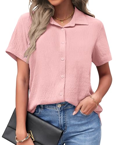 PYGFEMR Womens Button Down Shirts Short Sleeve Loose Collared V Neck Tunics Summer Tops Work Casual Business Blouses Light Pink 2XL