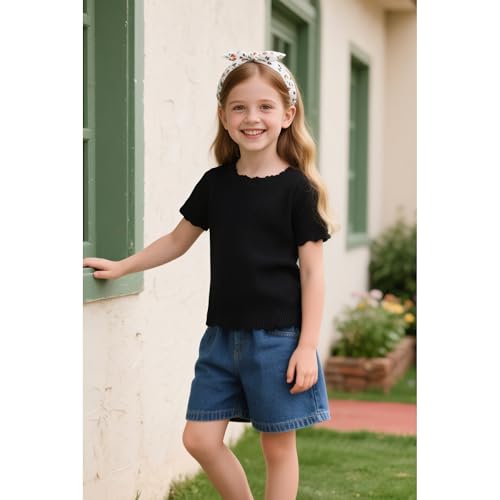 Image of Girls Summer Lettuce Trim Ribbed Knit Short Sleeve T-Shirts Solid Color Casual Blouse Tops
