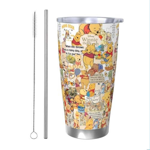 くまのプーさん 車載用 コーヒーマグ 保温保冷 大容量 漏れ防止設計 滑り止め カップホルダー対応 ドライブ オフィス アウトドア ビジネス 通勤用 600ml 男女兼用 Straw Two-piece Set