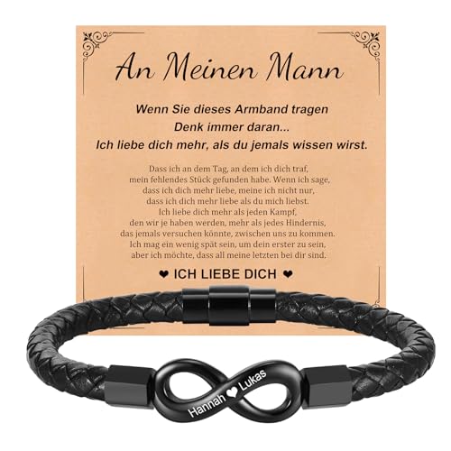 Valentinstag Armband Herren Personalisierte Geschenke - Lederarmband Herren mit Gravur Namen Geflochtenes Armband Leder Unendlichkeits Ich Liebe Dich Geschenk Jahrestag Männer Geschenke (Schwarz, 21)