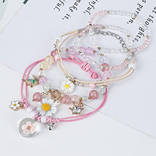 Image of 4 Pcs Beaded Cute Bracelets for Teen Girls Women, Dainty Cute Cartoon Crystal Beads Pearl Stretch Charm Handmade Adjustable Anklets Bracelet Set Birthday Gift for Friends