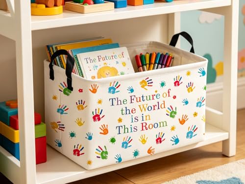 Image of Rectangle Kids Baskets Book Basket Cute Storage Bin Organizer Boys Box for Room Decor Gift Basket(Handprint)