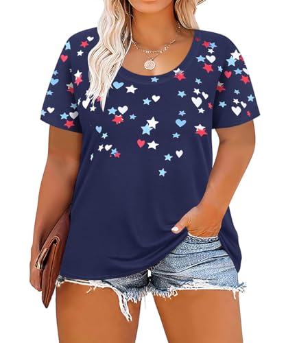 Image of CARCOS Plus Size Tops for Women Short Sleeve Shirt Summer Star /Leopard /Tie Dye /Flower Crewneck Pullover Tunic XL-5XL