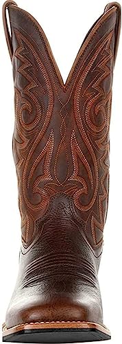Western Cowboy Boots for Men,Western Square Toe Cowboy Boots Retro Leather Embroidery Casual Chunky Heel Wide Calf Pull On Boots3