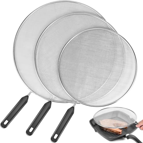 3 Pcs Splatter Guard with Handle Stainless Steel Mesh Splatter Screen Splash-Proof Oil Splatter Guard Temperature Resistant Splatter Screen Strainer Drain Board 9.8 in+11.4 in+13 in for Frying Cooking
