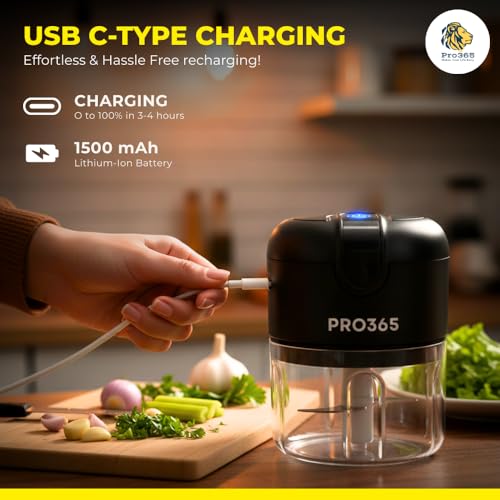Image of PRO365 Premium Electric Food Chopper | USB Cordless Mini Chopper | Stainless Steel Blades | One-Touch Operation | Food-Grade Bowl | For Garlic, Onion, Vegetables, Meat & Nuts | Black