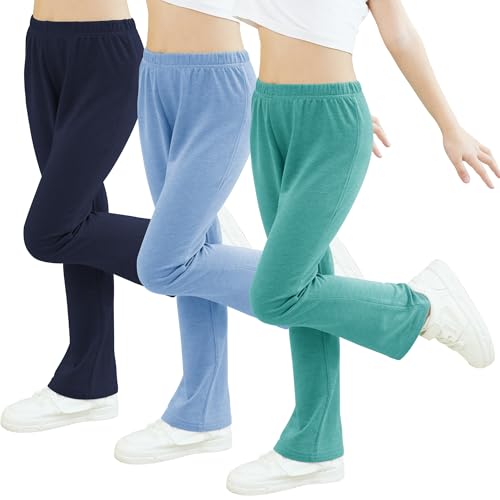 Jimonda 3er Pack Sporthose Mädchen Schlaghose Lange Jogginghose Schlag Turnhose Kinder Sportleggings Flared Hosen Dunkelblau/Blau/Grün 8-9J