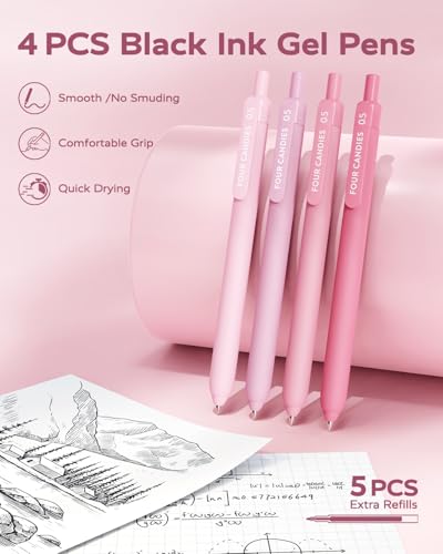 Image of Four Candies Aesthetic School Supplies Gel Pens with Black Correction Tapes, Pastel Highlighters, Mechanical Pencils, Sticky Notes, Bible Study Supplies, Stationery with Case, Pink