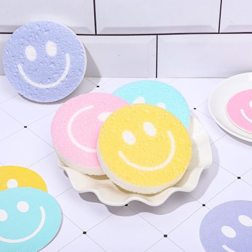 Image of FYSUIMU 8Pcs Smile Face Kitchen Sponges Pastel Smile Pattern Water Absorbing Dish Washing Sponge Non Scratch Cleaning Scrub Sponges for Home Kitchen Restaurant Bathroom