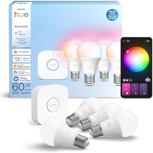 Philips Hue Essential Starter Kit: Bridge + 4 Essential E26 Smart...
