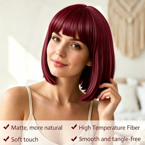Image of MEEZY Burgundy Bob Wig with Bangs Heart Sunglasses for Women, Neon Colored Bob Hair Funny Party Wig Synthetic Crazy Hair for Woman Man Halloween Costume Cosplay Bachelorette Party Supplies