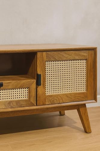 Image of Premium Solid Wood, 10 Minutes Assembly (Legs Only), Aesthetic Rattan Doors, Mid Century Entertainment Center for Living Room, TV Stand for 65 inch TV, Dark Chocolate (Light Honey With Drawar)