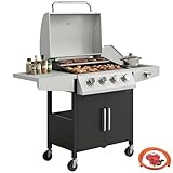 Outsunny 4+1 Burner Gas BBQ Grill with Side Burner, 50000 BTU Steel Portable Gas Barbecue Grill with Built-in Thermometer, Lid, Side Table, Shelf, Cabinet, Spice Rack, Wheels for Garden Party Cooking