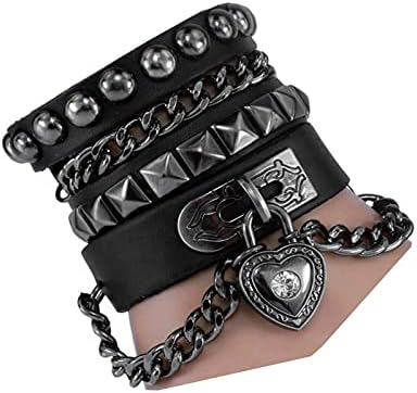 Perfect 4U Rivet Bracelet Multilayer Black Leather Cuff Heart Pendant Bangle Studded Chain Wrist Punk Sports Rock Bracelet Adjustable (Black Heart)