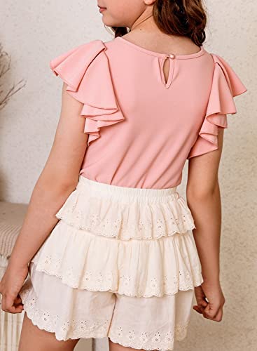 Image of blibean Girls Ruffle Short Sleeve Shirts Summer Tops Size 4-15Y | Cute Butterfly Sleeve Tee, Kids Fashion Casual Tshirt, Solid Blouse for Tween Teen, Dessy Outfits