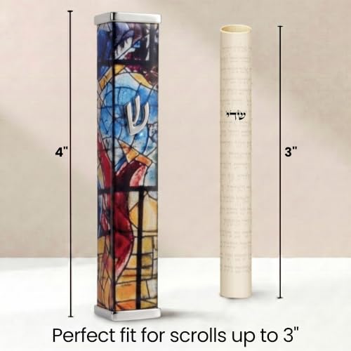 Image of SURI Mezuzah with Scroll for Door | 4 Inch Modern Aluminum Mezuzah Case | Fits 3 Inch Scroll | Gold & Silver Chagall-Inspired Design | Self Adhesive Easy Install | Judaica Jewish Gift