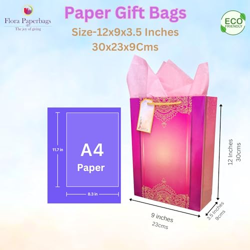 Image of Flora Paperbags Gift Bags -Wedding Combo Paper Bags for Return Gifts|Medium Carry Bags|Goodie Bags with Tissue Paper and Thank You Card Gift Tag |Pack of 10 |Size 12x9x3.5 inches|Multi-coloured