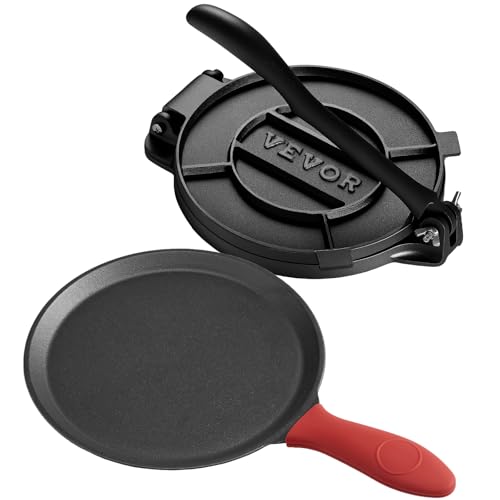 VEVOR Tortillapresse Taco Presse (25 cm) aus Graueisen, robuste Pataconera-Maker mit Griff & 100 Stk. Pergamentpapier, Teig-Presse für Tortilla, Kolumbianische Pataconera professionelle Roti Maker