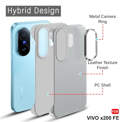 Image of TheGiftKart Hybrid Ultimate Slim Back Case Cover for Vivo X200 FE 5G | Lightweight Profile | Hard Back Case Cover for Vivo X200 FE 5G (PC & TPU, Metal Camera Ring, Leather Texture Finish, Grey)
