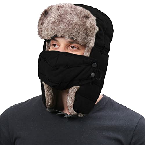 OneAndes Trapper Hat Winter Hats for Men Women, Russian Warm Trooper Hat with Ear Flaps, Ushanka Bomber Fur Hats with Windproof Mask for Skating, Skiing Other Outdoor Activities Black