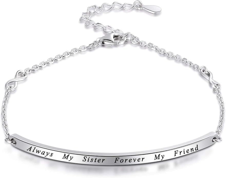 Sterling Silver Bracelet Gift For Women Sister Mother Friends - Engraved Inspirational Charm Bracelets Adjustable Bangle Jewelry (Always My Sister Forever My Friend).