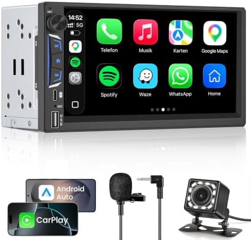 2 DIN Autoradio Bluetooth mit Bildschirm, Wireless CarPlay & Android Auto | 7 Zoll Doppel Din Auto Radio mit Rückfahrkamera, Freisprecheinrichtung, Sprachassistent, MirrorLink, EQ,