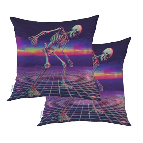 Baonews Skeleton Digital Corruption Outdoor Throw Pillow Covers, Neon Cyberpunk Skeleton Scene Cushion Cover Digital Water Resistant Linen Blend Hidden Zipperl Indoor Pillows Square 18X18 IN 2 Pcs