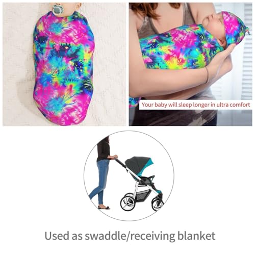 Image of Tie Dye Neon Colorful Newborn Swaddle Blankets Hat Sets Soft Baby Receiving Blanket Swaddle Sack for Baby Shower Infant Boy Girl Gift