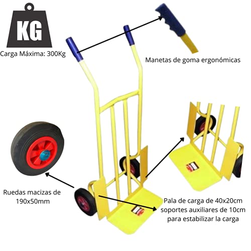 Carretilla de Carga profesiona Multiusos con Ruedas macizas antiinchazos , Carga máxima de 300kg,chasís Tubular de Acero 25mm Color Amarillo.Peso 16kg